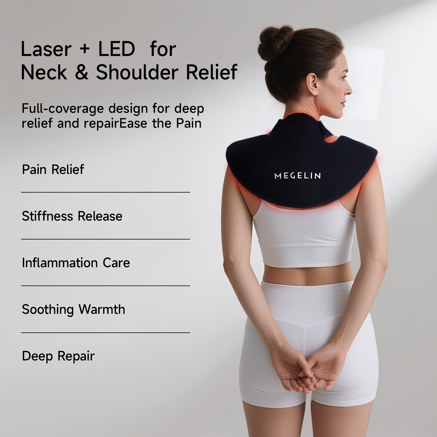 Experience advanced neck and shoulder relief with Megelin WrapLux Laser+LED Wear. 